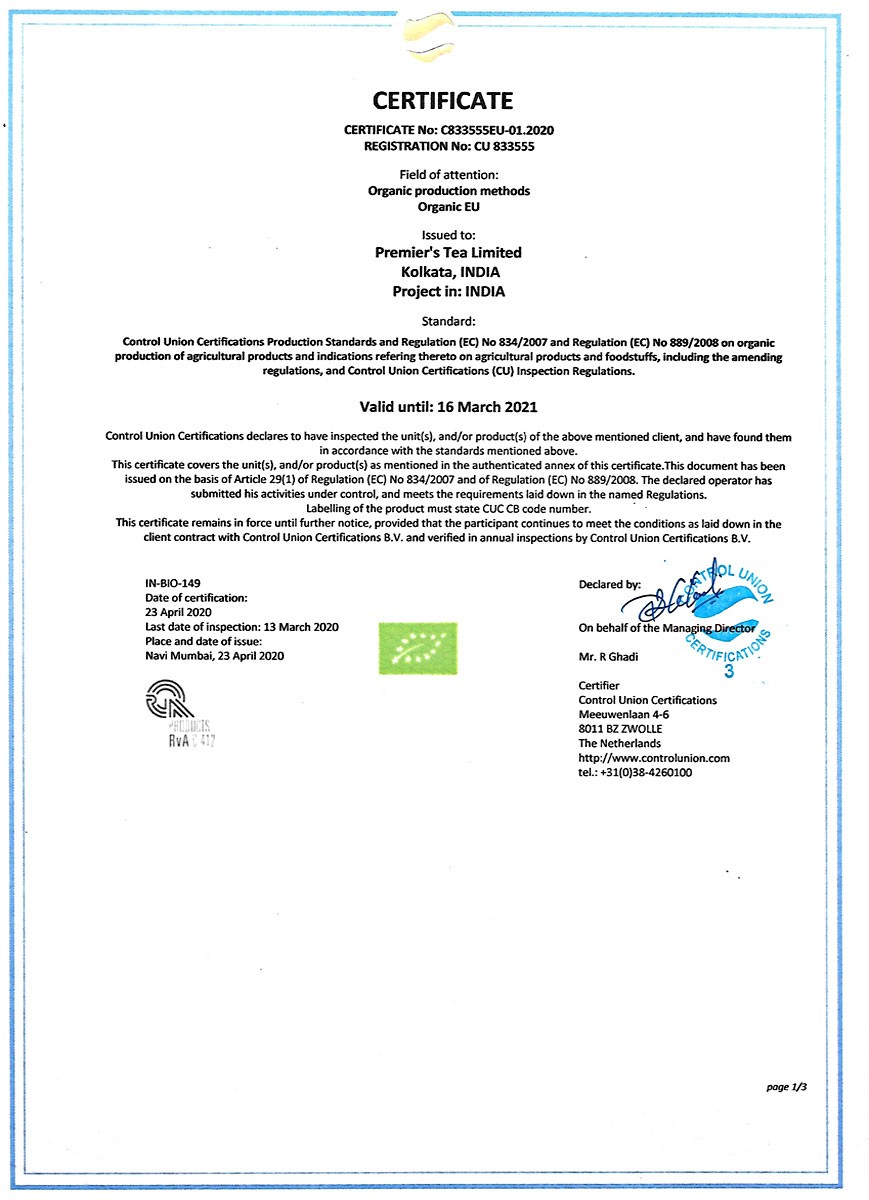 Tea Certifications Premier's Tea Gourmet Tea